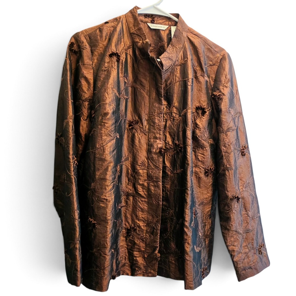 Laura Ashley Bronze Metallic Velvet Floral Mock Neck Jacket Brown Women's Medium